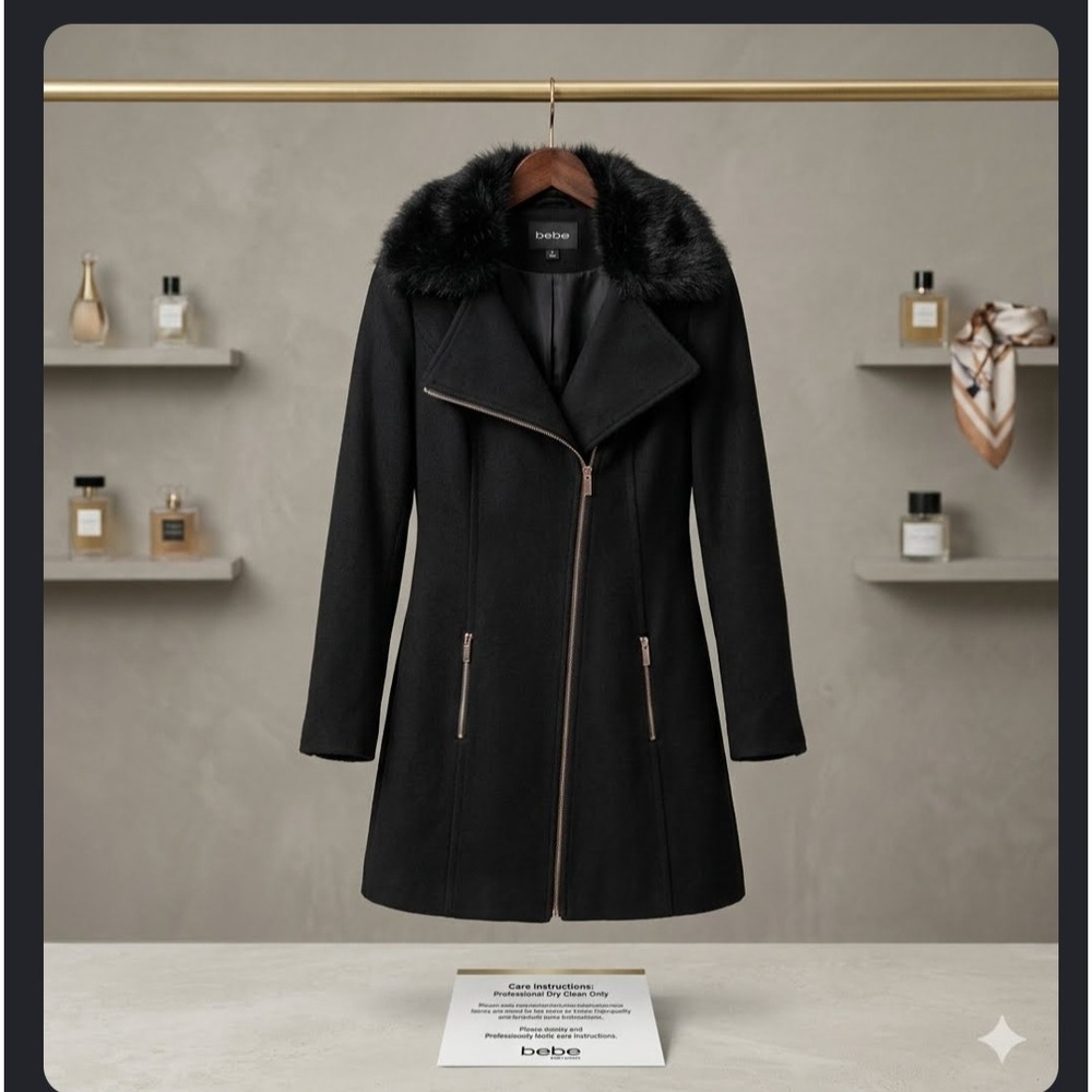 Bebe Womens Black Wool Blend Faux Fur Collar Asymmetrical Zip Trench Coat Jacket